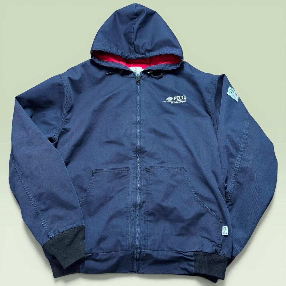 Tyndale FR Jacket Mens 2XL Blue Hooded Canvas Bomber Workwear PECO Exelon USA
